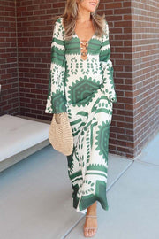Holiday Fashion Unique Print Front Center Hollow Ring Long Sleeve Maxi Dress