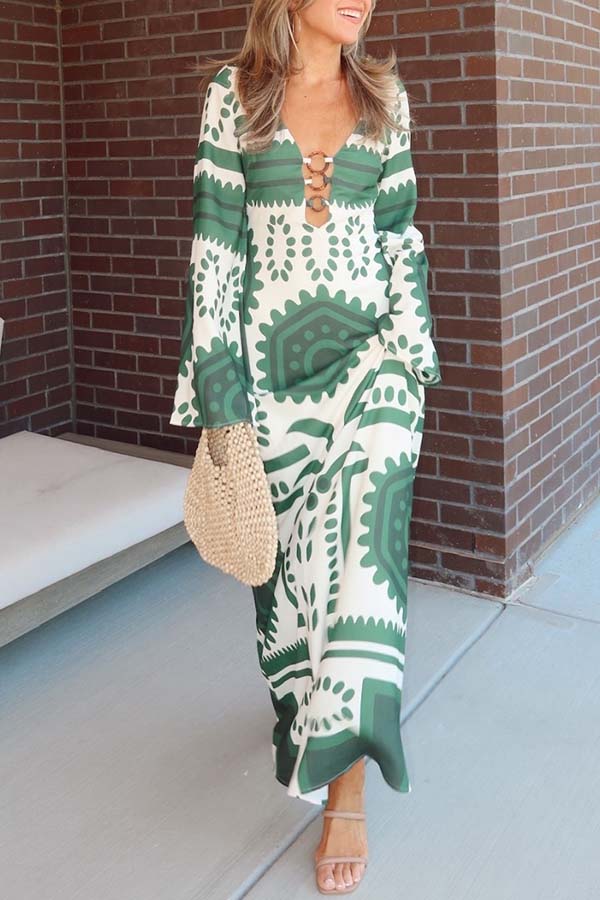 Holiday Fashion Unique Print Front Center Hollow Ring Long Sleeve Maxi Dress