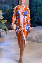 Bahamas Unique Print Dolman Long Sleeve Ruched Slit Midi Dress