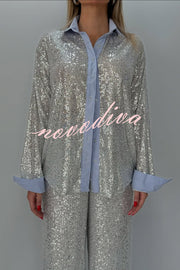 Fashion Sequined Loose Long-sleeved Shirt and Casual Elastic Waist Wide-leg Pants Set