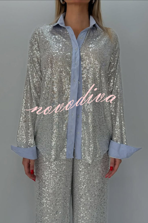 Fashion Sequined Loose Long-sleeved Shirt and Casual Elastic Waist Wide-leg Pants Set