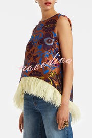 Emina Floral Feather Trim Trapezoidal Silhouette Asymmetrical Hem Top