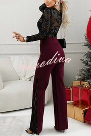 Joelie High Rise Elastic Waistband Side Lace Patchwork Flare Pants