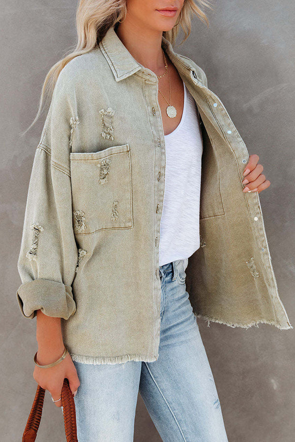 Stylish Lapel Long Sleeve Ripped Denim Jacket