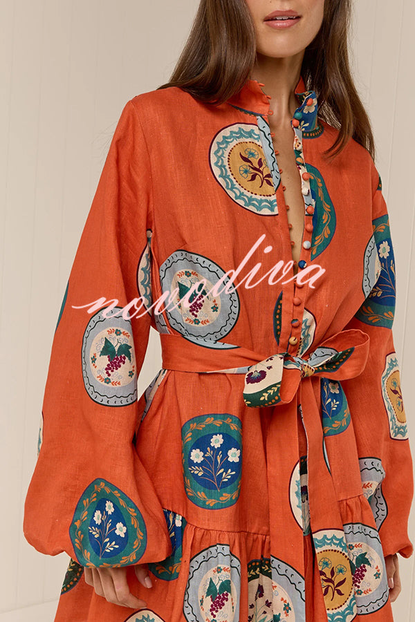 Linen Blend Unique Print Tie Waist Loose Mini Dress