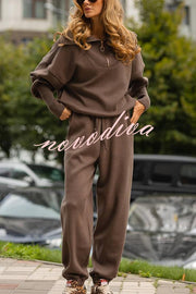 Solid Color Long-sleeved Zip-up Sweatshirt and Elastic Waist Loose Pocket Pants Set