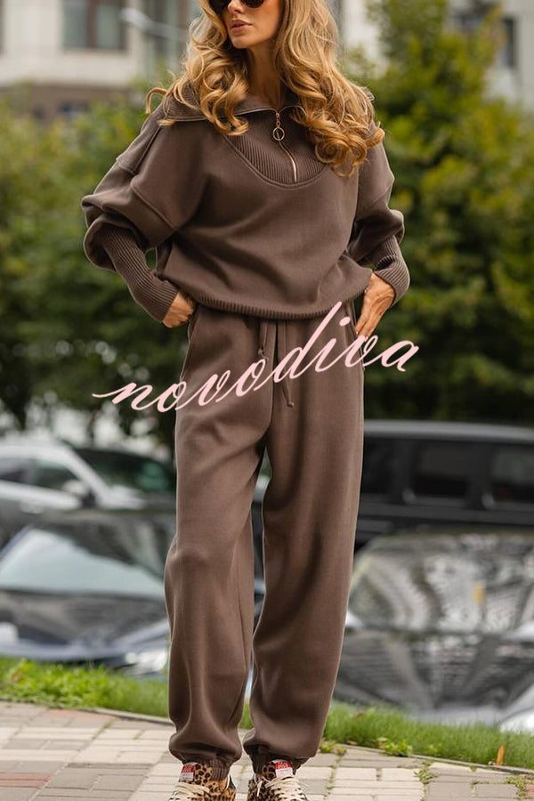 Solid Color Long-sleeved Zip-up Sweatshirt and Elastic Waist Loose Pocket Pants Set