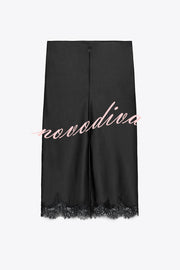 Dolly Satin Lace Trim Mid Rise Slit Drape Midi Skirt