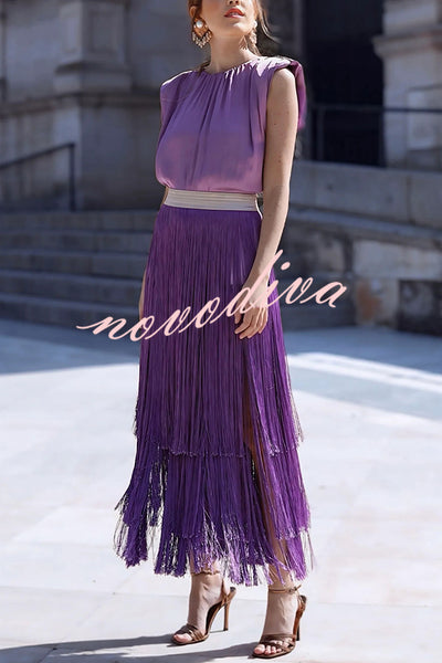 Elegant Tassel Hem Elastic Waist Casual Maxi Skirt