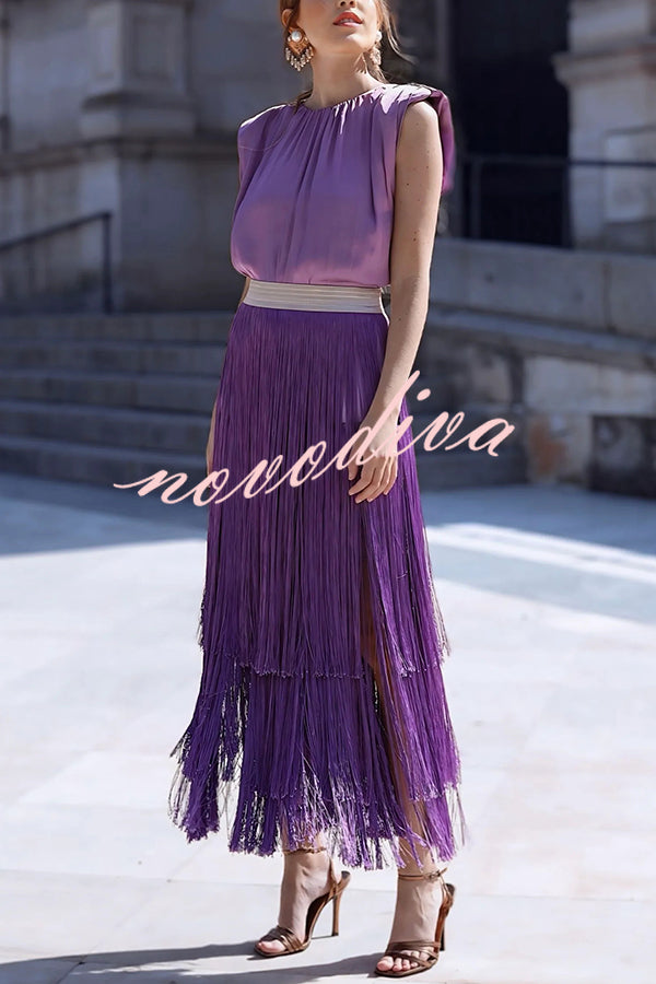 Elegant Tassel Hem Elastic Waist Casual Maxi Skirt