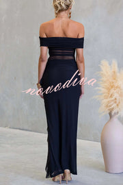 Sexy Mesh Off-shoulder Slim Fit Ruffled Slit Maxi Dress