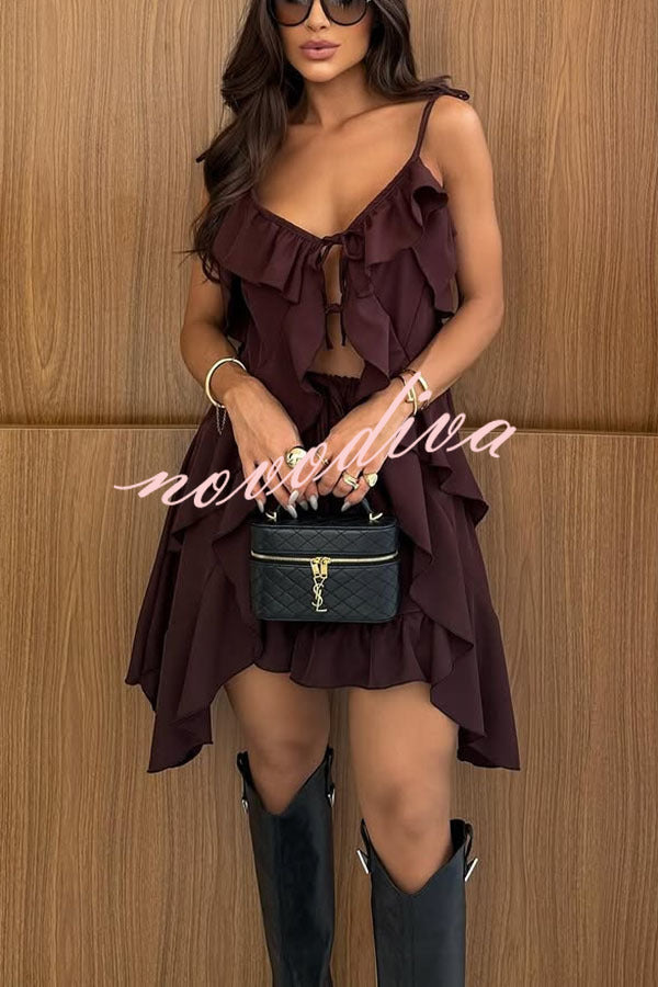 Beauty of Flow Ruffles Tie-up Slit Midi Top and Elastic Waist Shorts Set