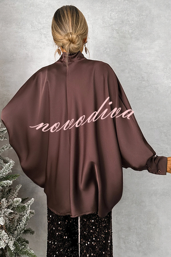 Chic and Merry Satin Bow Neck Batwing Sleeve Loose-fitting Blouse