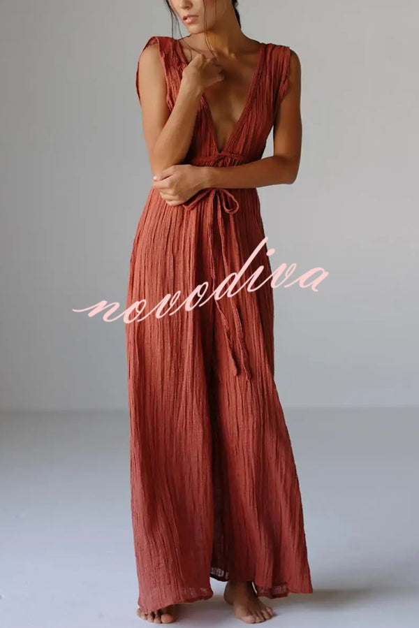 Resort Style V-neck Tie Pleated Casual Jumpsuit