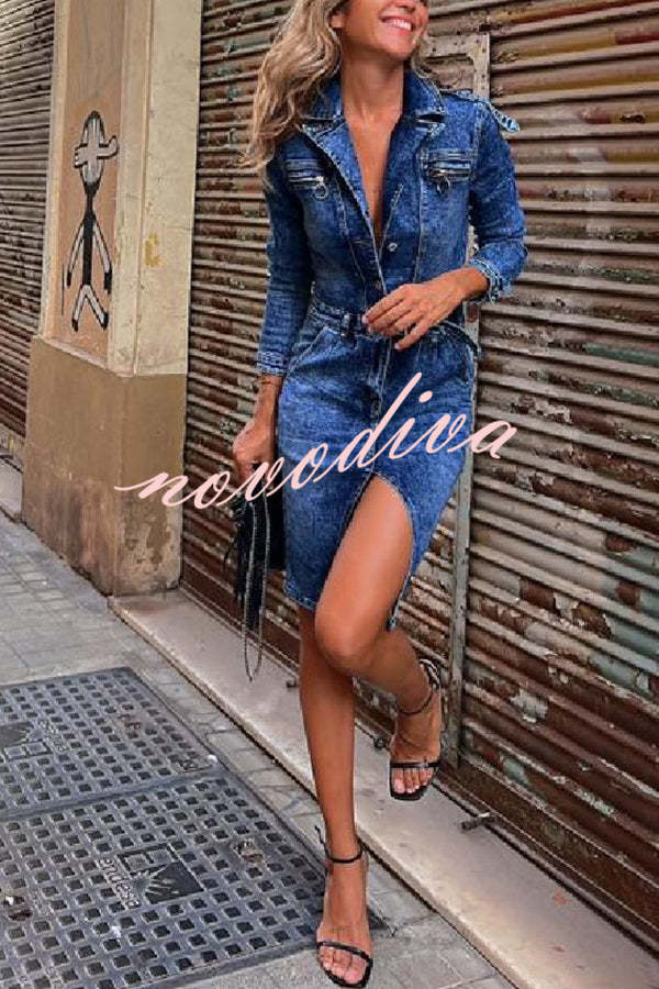 Autumn Treasure Washed Denim Button Up Pocketed Shirt Mini Dress