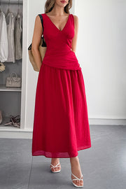 Solid Color V-neck Sleeveless Waist Hollow Out Maxi Dress
