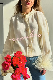 Solid Color Elegant Feather Long Sleeve Casual Knitted Cardigan
