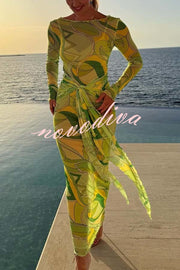 Nessie Mesh Unique Print Tie-up Waist Long Sleeve Stretch See-Through Maxi Dress
