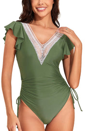 Fashionable V-neck Ruffled Flying Sleeves Stretch One-piece Swimsuit