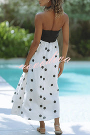 Kai Linen Blend Colorblock Polka Dot Print Halter Pocketed Midi Dress