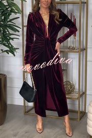 Creating Romance Velvet Ruched Drape Long Sleeve Stretch Maxi Dress