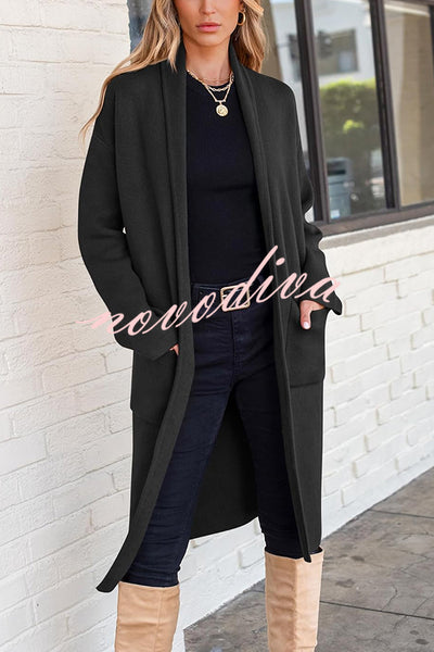 Solid Color Long-sleeved Casual Loose Pocket Mid-length Cardigan