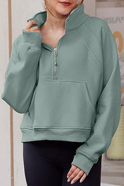 Stylish Patchwork Stand Collar Zippered Loose Pocket Sweatshirt