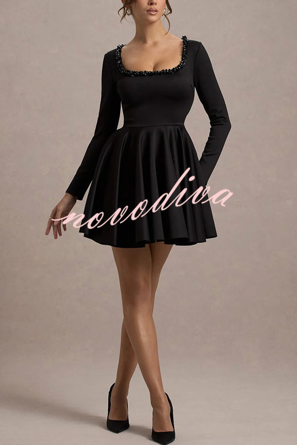 Playful Elegance Pearl Embellished Trim Long Sleeve Pleated Mini Dress