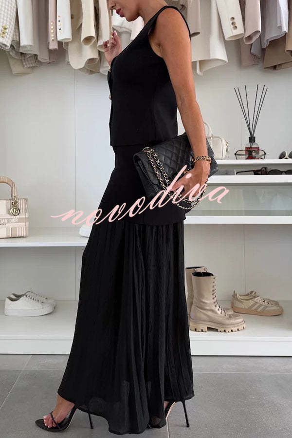 Stylish and Elegant Knit Spliced Tulle Elastic Waist Pleated Maxi Skirt