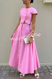 Solid Color Round Neck Button Crop Top and Elegant High Waist Slit Maxi Skirt Set