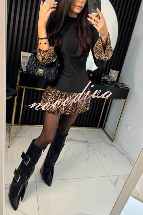 Fashionable Splicing Leopard Print Bell Sleeve Stretch Mini Dress