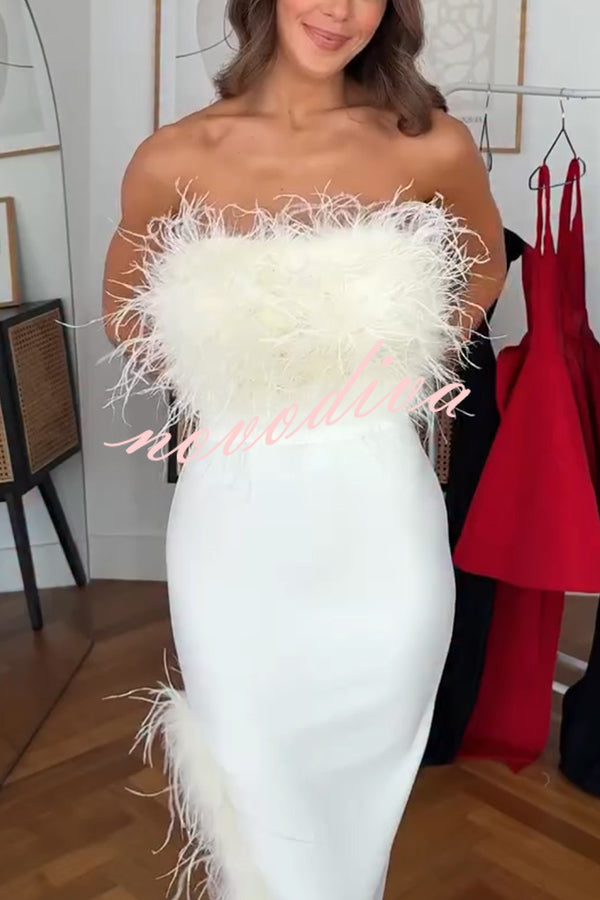 Retro and Glamorous Feather Trim Detail Bandeau Slit Stretch Midi Dress