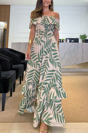 Plant Smiles Printed Off Shoulder Elastic Waist Maxi Dress