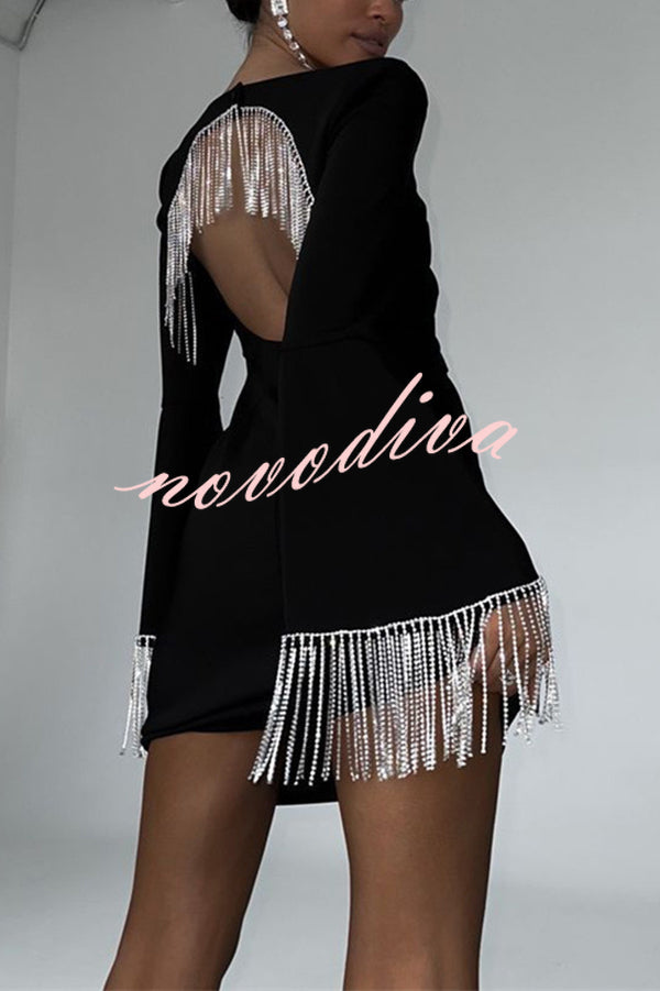 Fashionable Fringed Square Neck Bell Sleeves Hollow Back Mini Dress