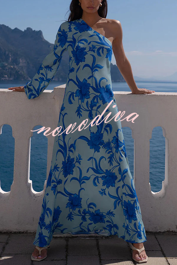 Satin Botanical Print One-Sleeve Resort Maxi Dress
