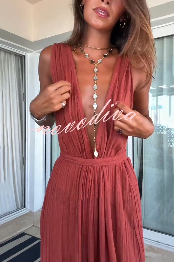 Resort Style V-neck Tie Pleated Casual Jumpsuit