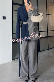 Nayla Plaid Contrast Color Belted Long Sleeve Lapel Blazer and Pocketed Wide Leg Pants Set