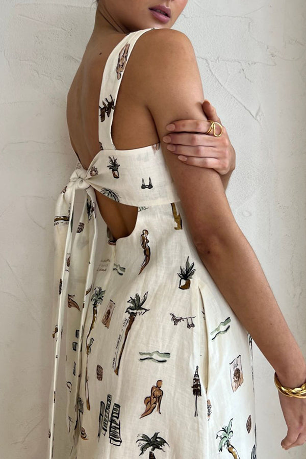 Unique Printed Pocket Strap Backless Lace Up Maxi Dress