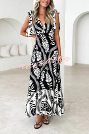 Unique Printed V-neck Sleeveless Lace-up Waist Maxi Dress