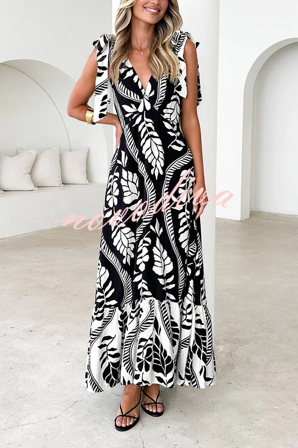 Unique Printed V-neck Sleeveless Lace-up Waist Maxi Dress