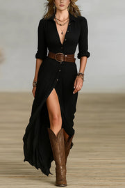 Fashion Lapel Single-breasted Waist Shirt-style Maxi Dress