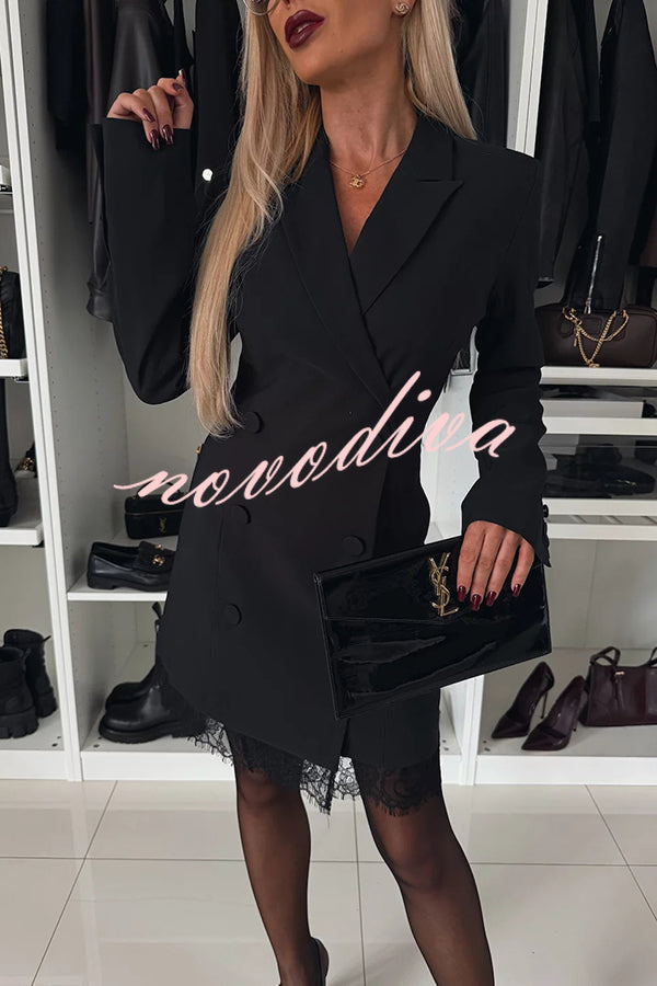 Confidence Style Button Up Lapel Lace Trim Blazer Mini Dress