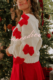 Wrapped in Bows Knit Color-blocked Loose V-neck Long-sleeved Cardigan