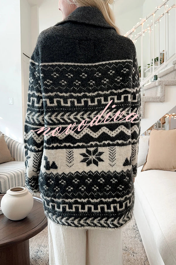 Winter Snowflake Waist Tie Lapel Midi Pocket Knit Cardigan