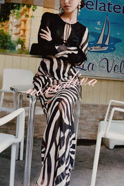 City Night Chiffon Colorblock Animal Print Tie-up Long Sleeve Maxi Dress