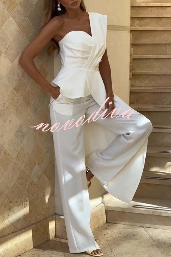 Amena One Shoulder Sweetheart Neck Ruffle Hem Top and Elastic Waist Pocket Wide Leg Pants Set