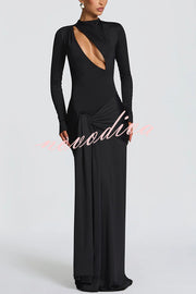 Sexy Cutout Fitted Long-sleeved Pleated Satin Ribbon Maxi Dresses