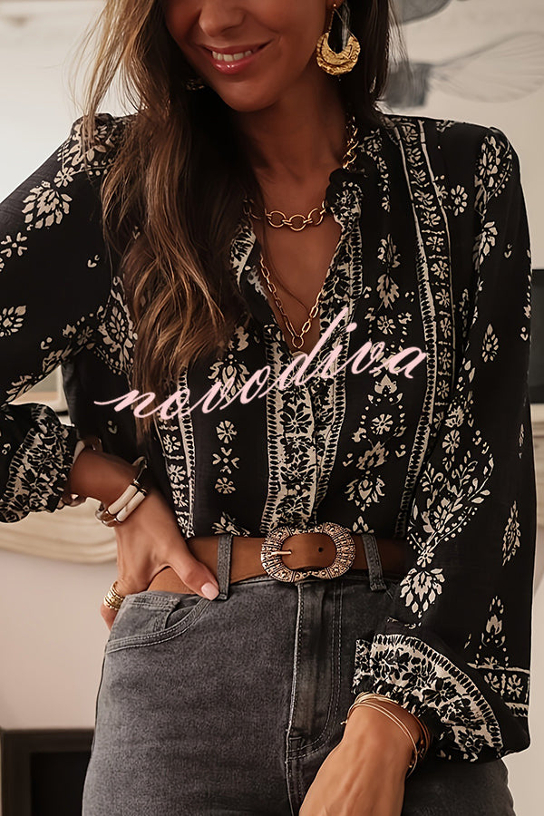Unique Print Long-Sleeved Button-Up Elegant Shirt