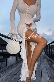 Solid Color Long Sleeve Sexy Slim Fit Ruffled Midi Dress