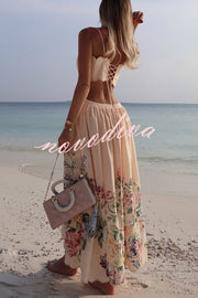 Cabo Sunsets Floral Print Petal Trim Back Lace-up Midi Dress